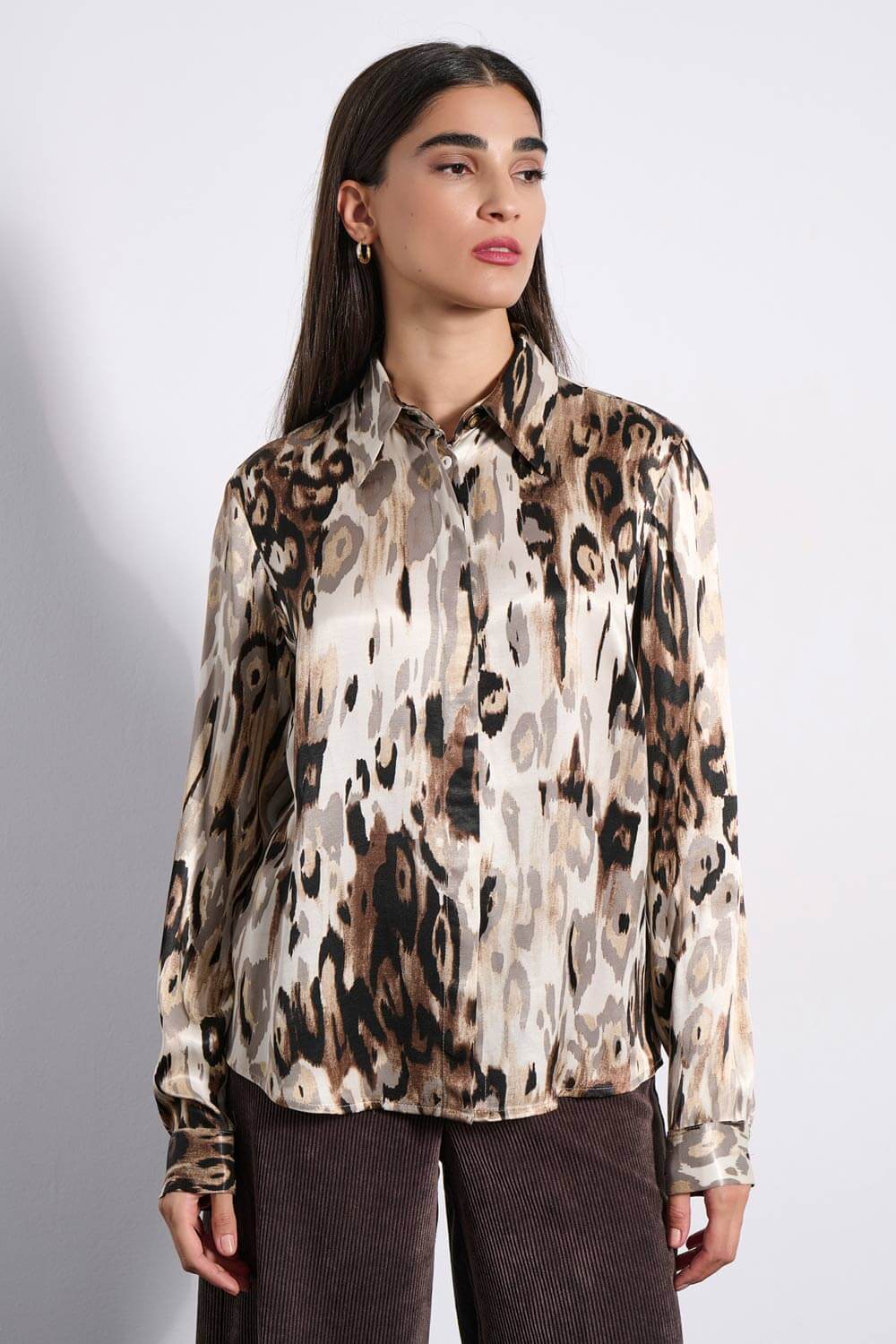 Animal Print Πουκάμισο Σατέν με Μακριά Μανίκια