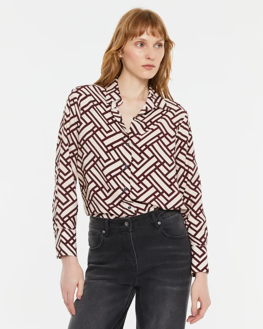 Πουκάμισο με Γεωμετρικό Μοτίβο σε Μπορντό και Εκρού
