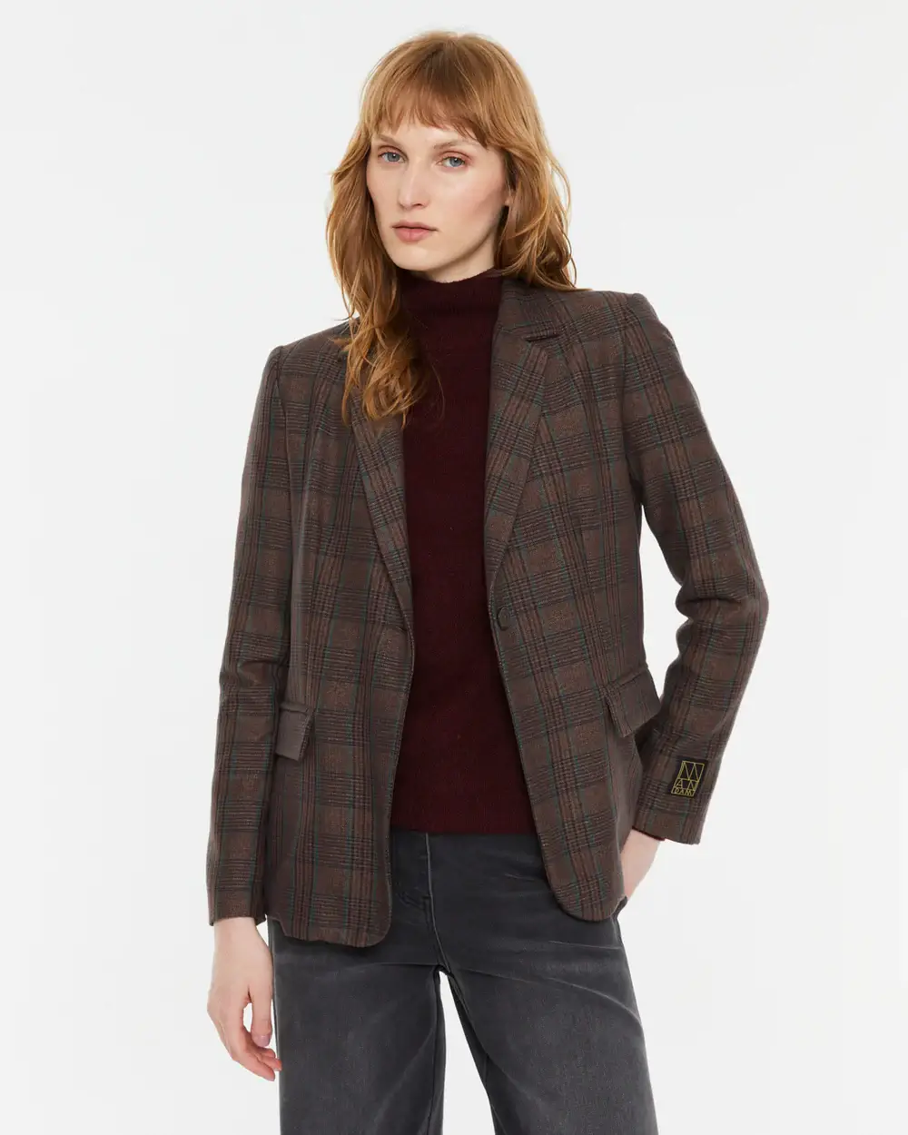Καρό Σακάκι σε Καφέ Τόνους με Κουμπί