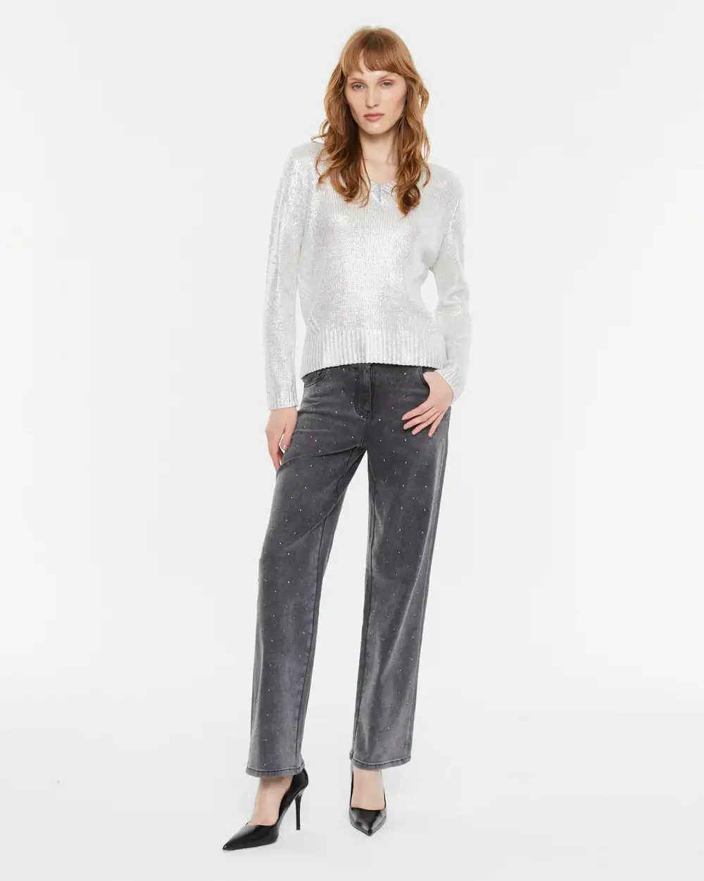 Ασημί Πλεκτό Πουλόβερ με Μεταλλική Λάμψη