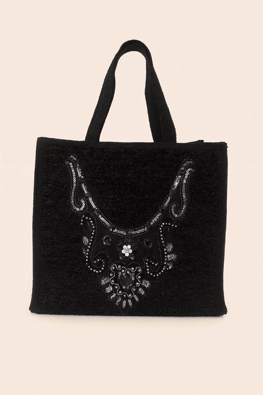 Μαύρη Τσάντα Χειρός Tote με Κέντημα